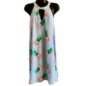 Dress L Pineapple Print Striped Sleeveless Halter Dress Back Button Closure